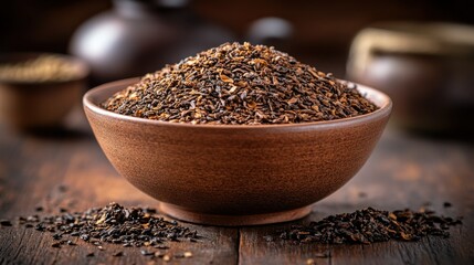 Loose leaf tea bowl, dark wood table, tea ceremony background