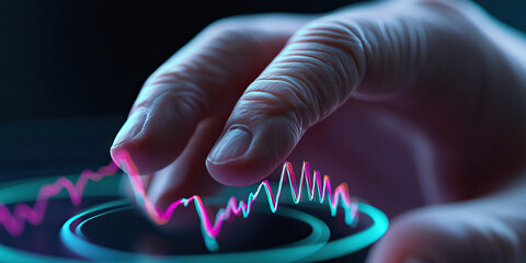 Hand Interacting with Multicolored Line Graph on Digital Interface