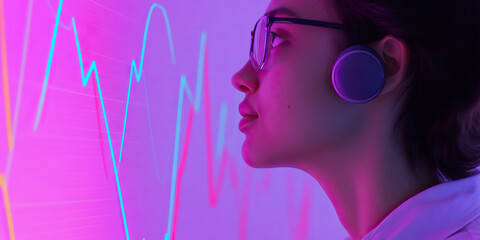 Young Woman with Headphones Viewing Line Graphs