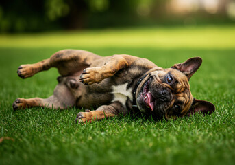 French Bulldog rolls around playfully in lush green grass