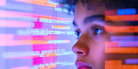 Close-up of Person's Profile Overlaid with Blurred Digital Text