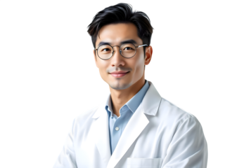 Friendly Asian Doctor in White Coat, Ready for Medical Stock Photo