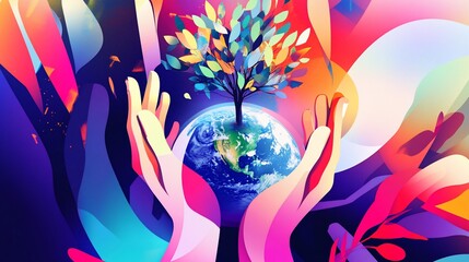Obraz premium Colorful illustration of hands holding the Earth with a vibrant tree growing on it