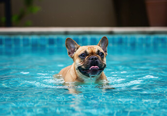 French bulldog swimming in the pool