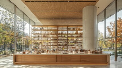 Modern Bar Interior with Extensive Glassware Display and Autumnal View
