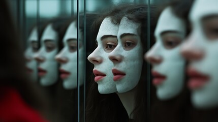 A woman with a white face mask peers into a mirror, creating a striking visual of multiple reflections evoking introspection and identity exploration.