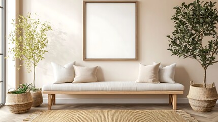 Modern living room bench, plants, mockup poster