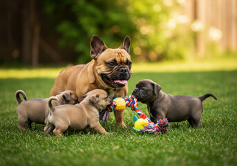 French bulldog with puppies playing around him