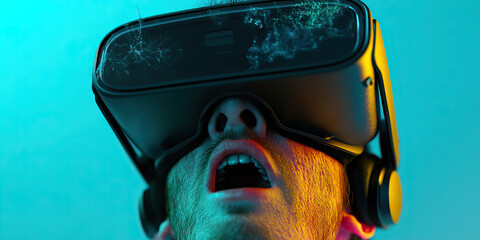 Man Wearing Virtual Reality Headset with Digital Overlay