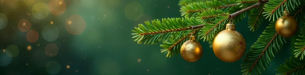 Evergreen Branch with Gold Ornaments,  evergreen branch, evergreen,  isolated background