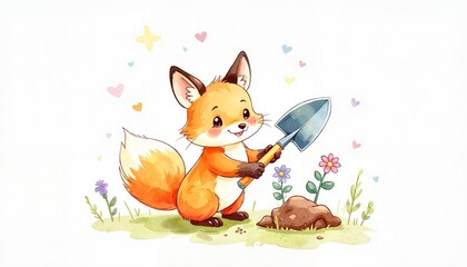 Cute fox using a gardening spade to plant flowers in a colorful outdoor setting