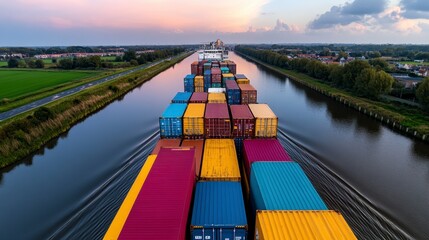Aerial view of a cargo ship navigating a canal, surrounded by fields and distant buildings at sunset