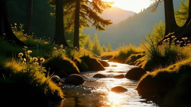 a dense forest at golden hour with tall, detailed trees casting long shadows, soft sunlight streaming through the canopy, illuminating tiny particles in the air. In the foreground, a crystal-clear str
