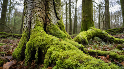Rotten trunk of a centenary oak covered with green moss and lichen isolated