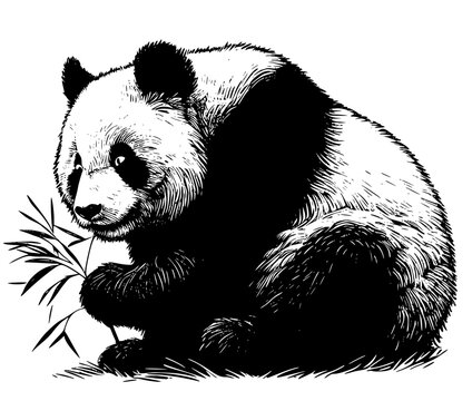 Silhouette of a Panda in a dudu holding a twig with bamboo leaves
