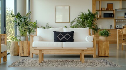 Modern living room, plants, wooden furniture, open plan kitchen background, home decor