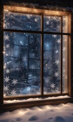 Frosty windowpane with snowflakes and Christmas lights,  icy glass,  christmas lights,  holiday decor