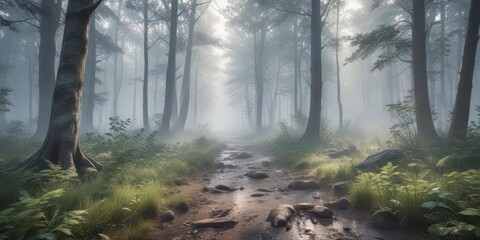 Naklejka premium Gentle watercolor strokes on a misty morning forest floor , foliage, leaves, texture