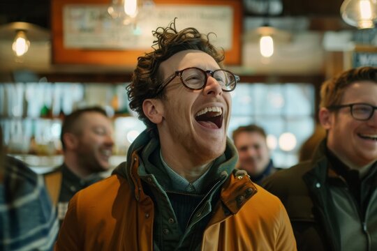 Portrait of a happy young man laughing at the bar counter in a pub