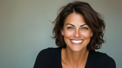 Naklejka premium A big bright white smile headshot of a beautiful brunette woman, capturing her sincere, happy, and cheerful expression, radiating positivity. big bright white smile, brunette woman