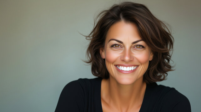 A big bright white smile headshot of a beautiful brunette woman, capturing her sincere, happy, and cheerful expression, radiating positivity. big bright white smile, brunette woman