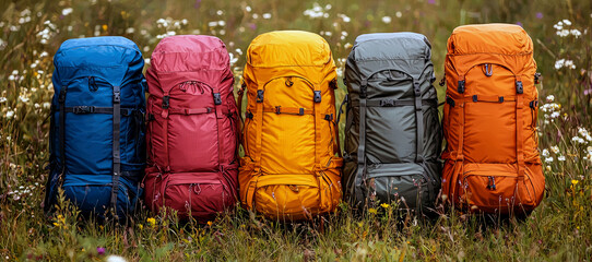 Fototapeta premium Colorful Backpacks for Hiking and Adventure: Gear for Outdoor Exploration and Travel