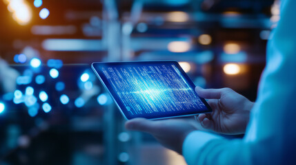 Industry 4.0 Concept with Augmented Reality: A man holding a tablet displaying an augmented reality interface, showcasing real-time automation data and robotic arms operating in a