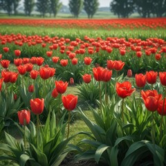 Fototapeta premium Red tulips and lilies in a field of green grass, field, yellow, tulips