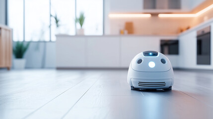 Humanoid Robot Mopping Floor in Kitchen: A futuristic humanoid robot using a mop to clean the kitchen floor, showcasing advanced AI and robotics technology integrated into everyday