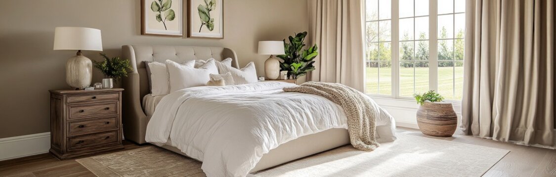 Modern Bedroom Escape with Bed, Rug, Curtains & Accents - Interior/Exterior Stock Photo for Commercial or Editorial Use