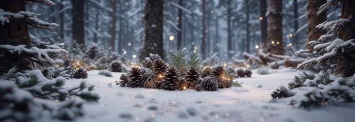 Snowy forest with festive lights and pinecones,  snow,  evergreen, forest