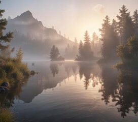 Fototapeta premium Softly glowing mist surrounds a tranquil lake at dawn, lake, dreamy, foggy