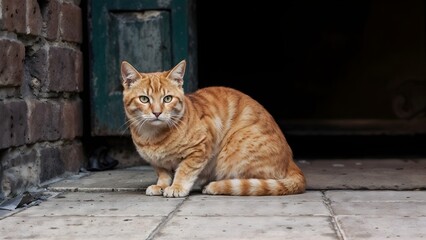 Obraz premium Charming Orange Tabby Cat Photography, Feline Posing by Doorway