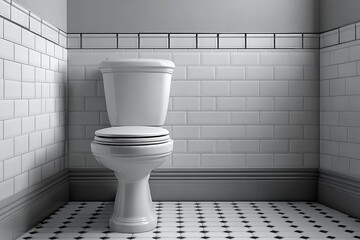 An elegant minimalist bathroom showcasing a classic white toilet with tiled walls, emphasizing simplicity and cleanliness in a tranquil setting.