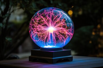 A beautiful plasma globe displaying vibrant electric arcs that illuminate the surrounding space, creating an enchanting and mystical atmosphere for any environment.