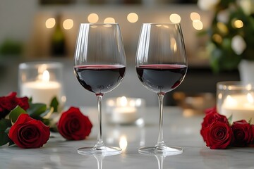 Two wine glasses with red wine placed on a table surrounded by candles and roses.