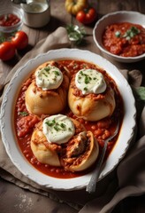 Traditional Casoncelli stuffed with ricotta and served in a rich tomato sauce,  meal,  dinner, food