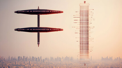 Futuristic spaceship hovering over a cityscape, alongside a data stream visualization.