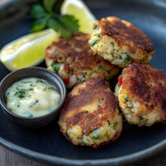 Crab Cakes with Creamy Sauce:  A mouthwatering plate of crispy crab cakes with a side of creamy, herb-infused dipping sauce and lemon wedges.  
