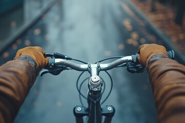 A thrilling perspective of hands gripping a bicycle handlebar on a rainy street, showcasing the excitement of biking in urban settings and the connection with nature through adventure.