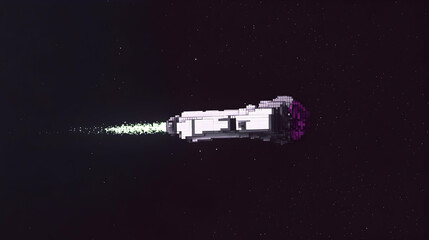 Futuristic spaceship traveling through space, leaving a glowing trail.