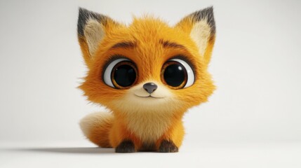 Adorable cartoon fox with big eyes and fluffy tail on white background