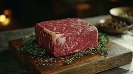 Raw steak, kitchen, herbs, salt, cooking