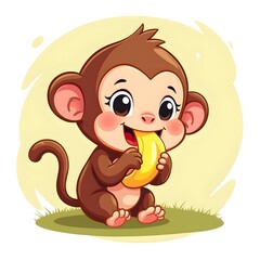 Fototapeta premium Cute baby monkey holding a banana with diaper and pacifier cartoon vector icon