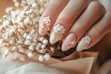 Elegant almond nails adorned with delicate floral accents