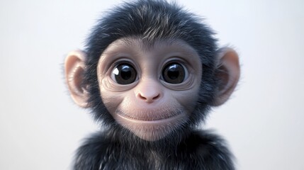 Cute cartoon baby monkey with big eyes and fluffy fur on a light background