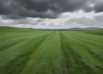 Obraz premium Wide-angle shot of vast open space with emerald green lawn under grey sky, grass, stadium, field