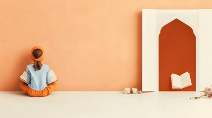 Girl sits reading book, facing away from camera, near arched doorway.