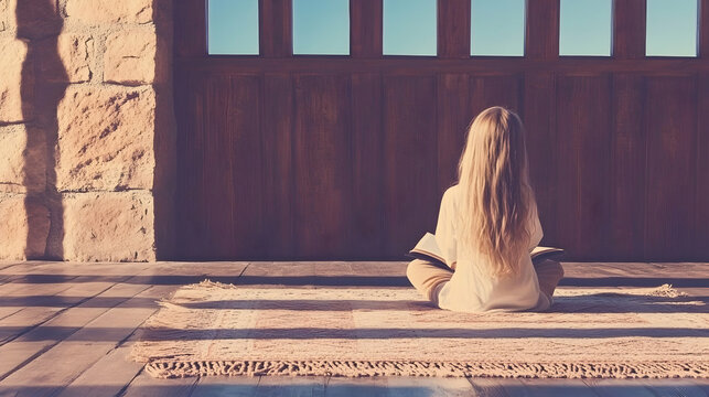 Girl sits on rug reading book, back to camera, sunlight.