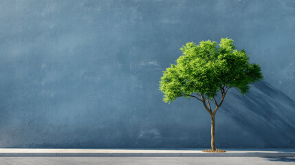 solitary green tree casting a shadow against a vibrant blue wall perfect for urban nature themes and modern outdoor visuals. Copy space